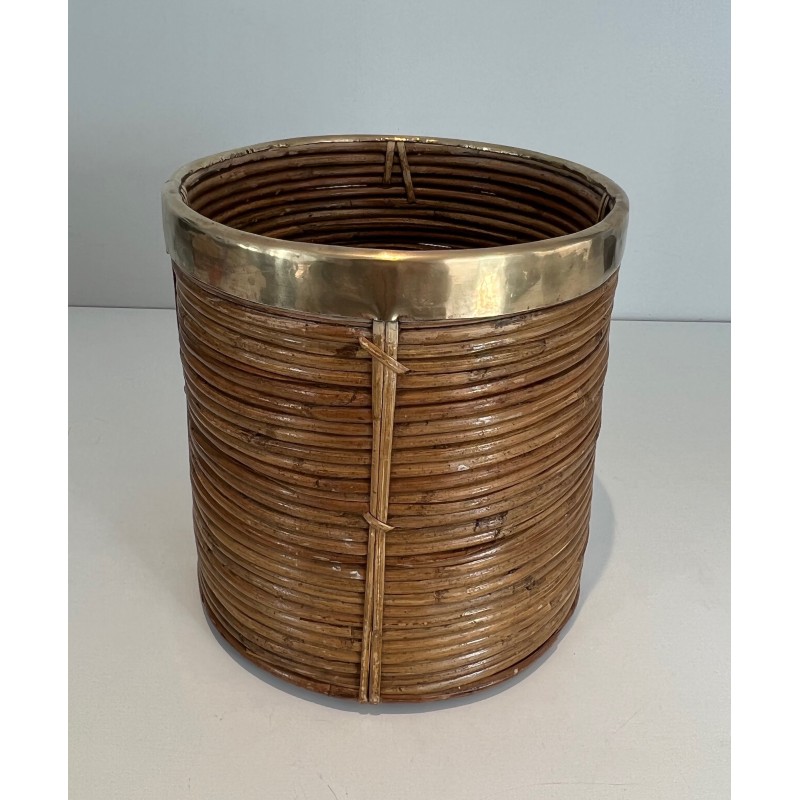 Rattan and Brass Wastebasket in the Style of Gabriela Crespi, Italian Work, Circa 1970