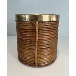 Rattan and Brass Wastebasket in the Style of Gabriela Crespi, Italian Work, Circa 1970