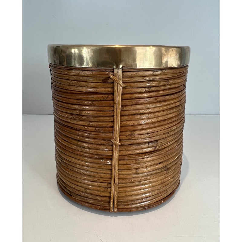 Rattan and Brass Wastebasket in the Style of Gabriela Crespi, Italian Work, Circa 1970