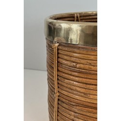 Rattan and Brass Wastebasket in the Style of Gabriela Crespi, Italian Work, Circa 1970