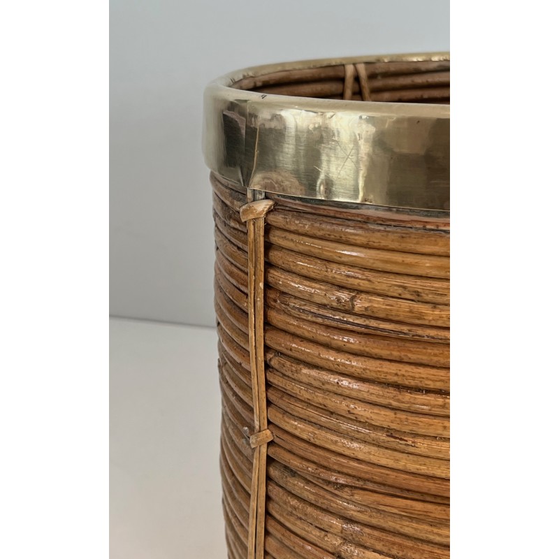 Rattan and Brass Wastebasket in the Style of Gabriela Crespi, Italian Work, Circa 1970