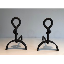 Pair of Cast Iron and Wrought Iron Andirons, French Work, Circa 1940