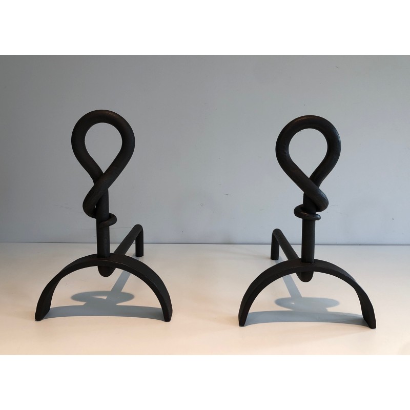 Pair of Cast Iron and Wrought Iron Andirons, French Work, Circa 1940
