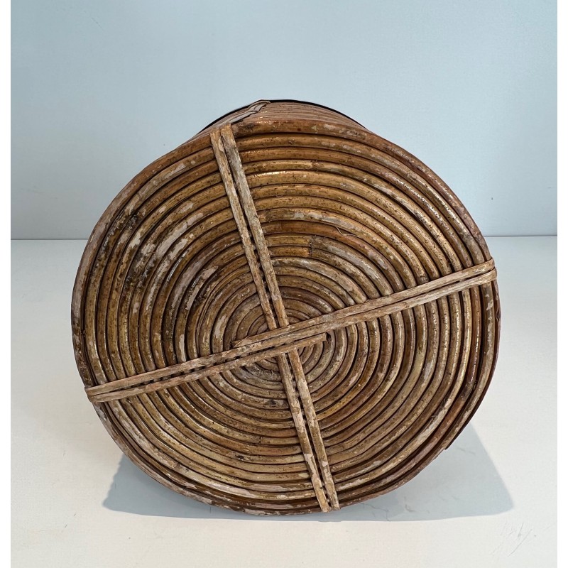 Rattan and Brass Wastebasket in the Style of Gabriela Crespi, Italian Work, Circa 1970