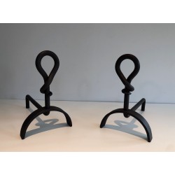 Pair of Cast Iron and Wrought Iron Andirons, French Work, Circa 1940
