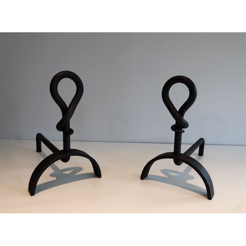 Pair of Cast Iron and Wrought Iron Andirons, French Work, Circa 1940