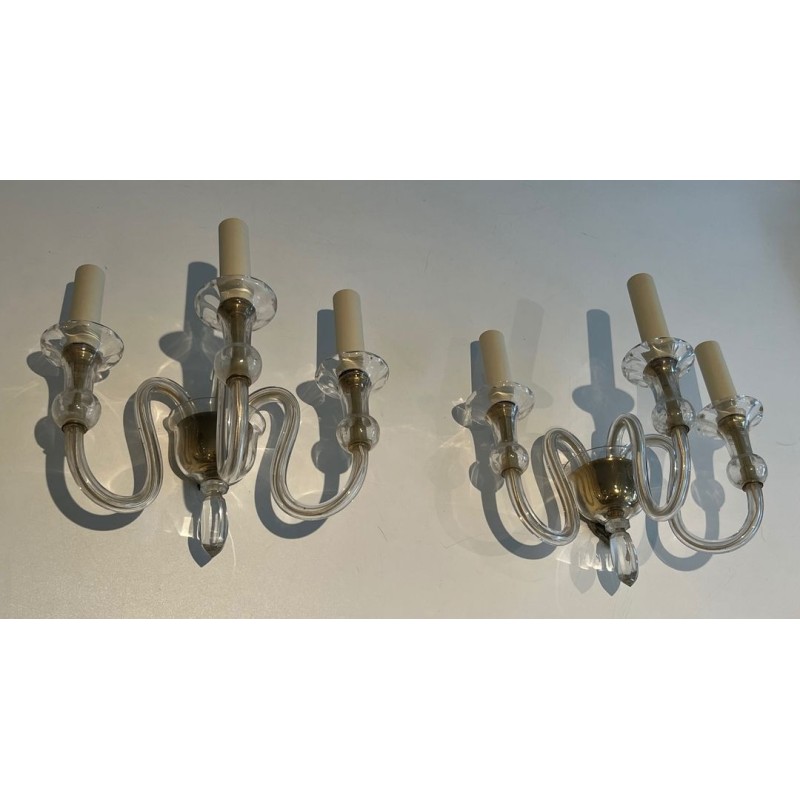 Paire d'Appliques en Cristal de Murano à Trois Bras | Travail Italien, vers 1940