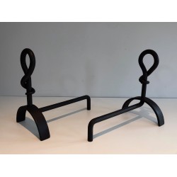 Pair of Cast Iron and Wrought Iron Andirons, French Work, Circa 1940