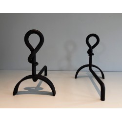 Pair of Cast Iron and Wrought Iron Andirons, French Work, Circa 1940