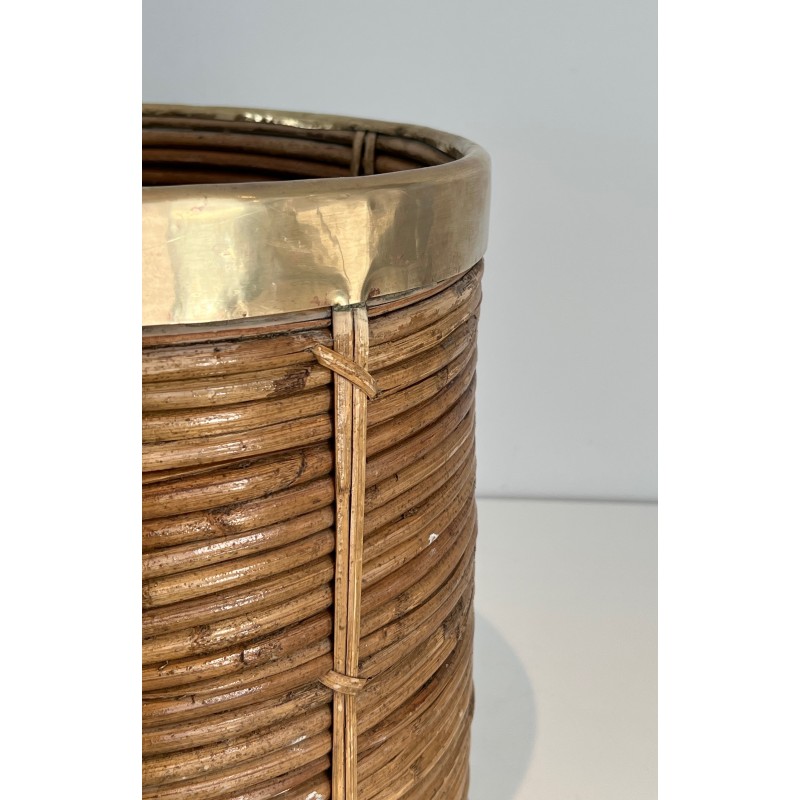 Rattan and Brass Wastebasket in the Style of Gabriela Crespi, Italian Work, Circa 1970