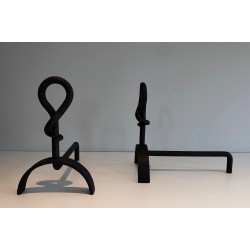Pair of Cast Iron and Wrought Iron Andirons, French Work, Circa 1940