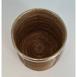 Rattan and Brass Wastebasket in the Style of Gabriela Crespi, Italian Work, Circa 1970