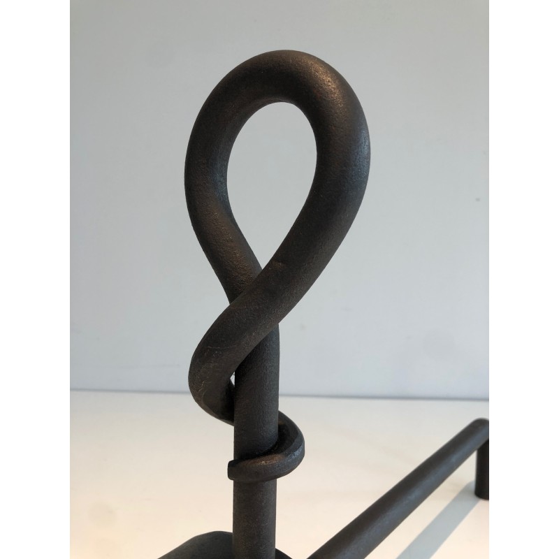 Pair of Cast Iron and Wrought Iron Andirons, French Work, Circa 1940