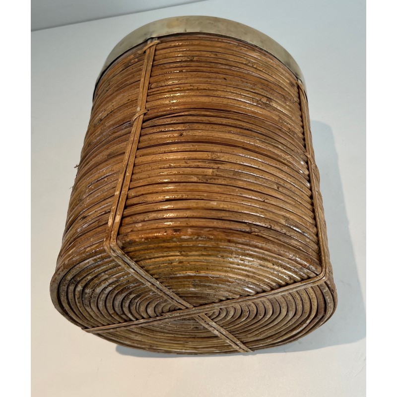 Rattan and Brass Wastebasket in the Style of Gabriela Crespi, Italian Work, Circa 1970