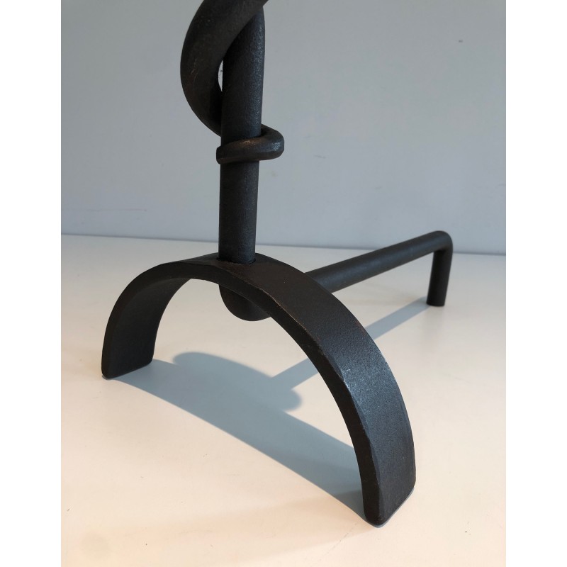 Pair of Cast Iron and Wrought Iron Andirons, French Work, Circa 1940