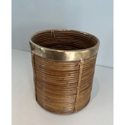 Rattan and Brass Wastebasket in the Style of Gabriela Crespi, Italian Work, Circa 1970