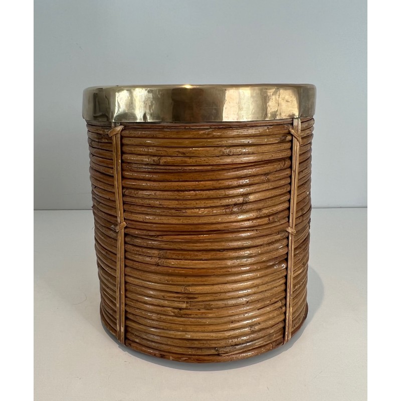 Rattan and Brass Wastebasket in the Style of Gabriela Crespi, Italian Work, Circa 1970