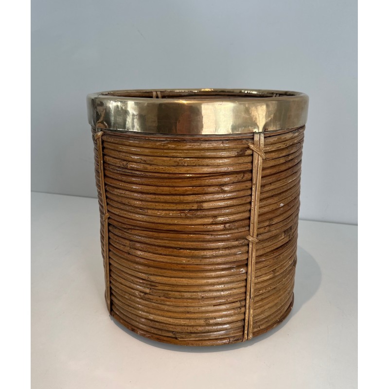 Rattan and Brass Wastebasket in the Style of Gabriela Crespi, Italian Work, Circa 1970
