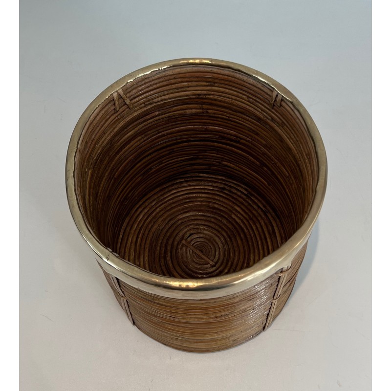 Rattan and Brass Wastebasket in the Style of Gabriela Crespi, Italian Work, Circa 1970