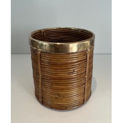 Rattan and Brass Wastebasket in the Style of Gabriela Crespi, Italian Work, Circa 1970