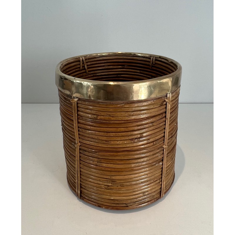 Rattan and Brass Wastebasket in the Style of Gabriela Crespi, Italian Work, Circa 1970