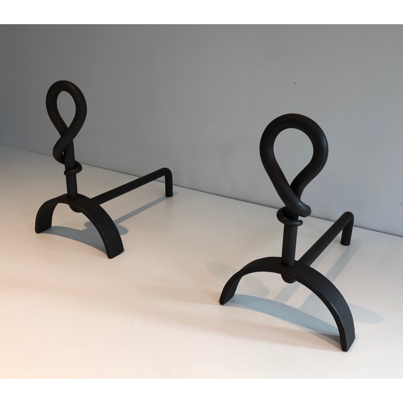 Pair of Cast Iron and Wrought Iron Andirons, French Work, Circa 1940