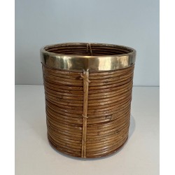 Rattan and Brass Wastebasket in the Style of Gabriela Crespi, Italian Work, Circa 1970