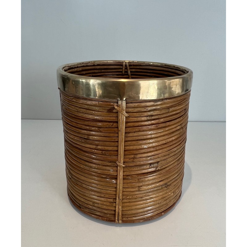 Rattan and Brass Wastebasket in the Style of Gabriela Crespi, Italian Work, Circa 1970