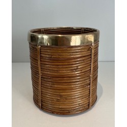 Rattan and Brass Wastebasket in the Style of Gabriela Crespi, Italian Work, Circa 1970