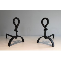 Pair of Cast Iron and Wrought Iron Andirons, French Work, Circa 1940