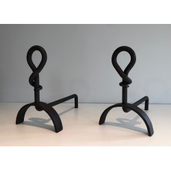 Pair of Cast Iron and Wrought Iron Andirons, French Work, Circa 1940
