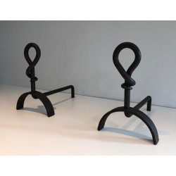 Pair of Cast Iron and Wrought Iron Andirons, French Work, Circa 1940