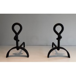 Pair of Cast Iron and Wrought Iron Andirons, French Work, Circa 1940