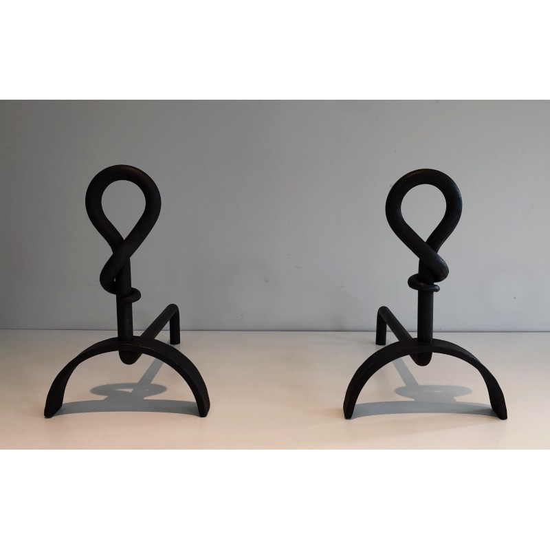 Pair of Cast Iron and Wrought Iron Andirons, French Work, Circa 1940