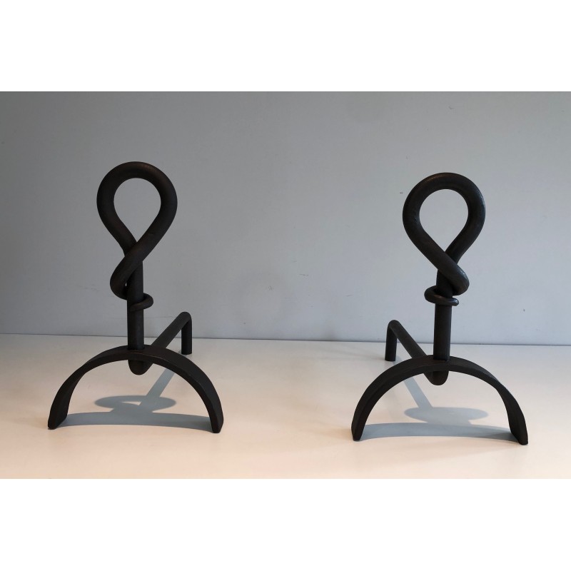 Pair of Cast Iron and Wrought Iron Andirons, French Work, Circa 1940