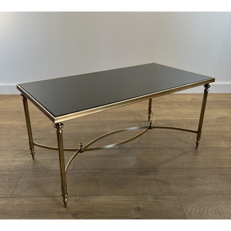 Table Basse Rectangulaire en Laiton et Plateau de Verre Laqué Noir de la Maison Jansen, Vers 1940