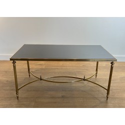Rectangular Brass Coffee Table with Black Lacquered Glass Top by Maison Jansen, Circa 1940
