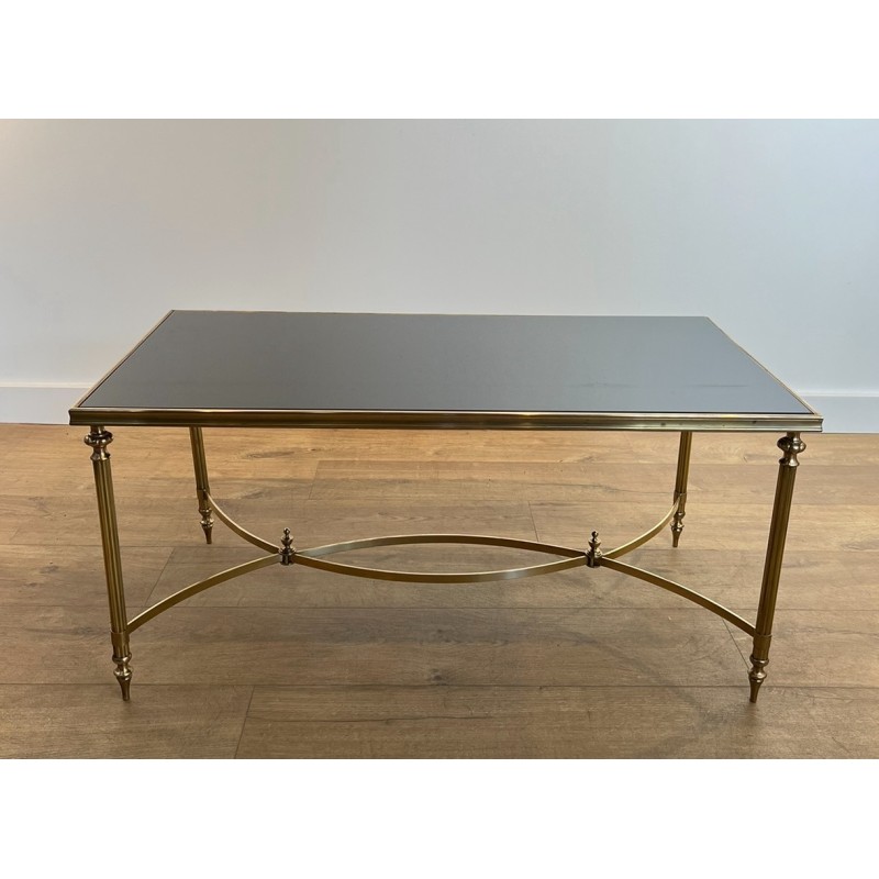 Table Basse Rectangulaire en Laiton et Plateau de Verre Laqué Noir de la Maison Jansen, Vers 1940