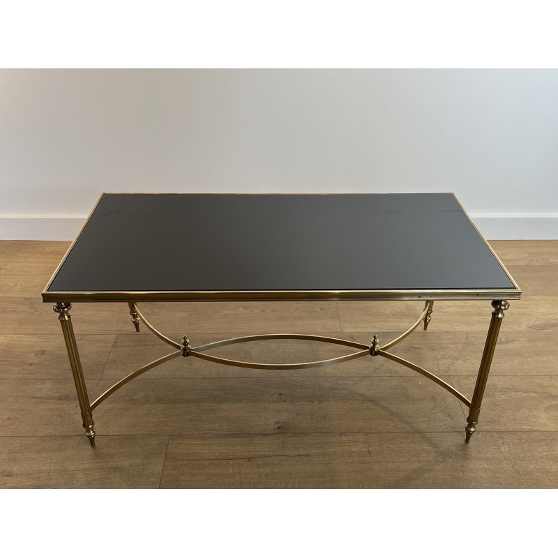 Table Basse Rectangulaire en Laiton et Plateau de Verre Laqué Noir de la Maison Jansen, Vers 1940