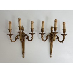 Pair of Louis XVI Style Three-Arm Bronze Wall Lights by Maison Lucien Gau, Circa 1950