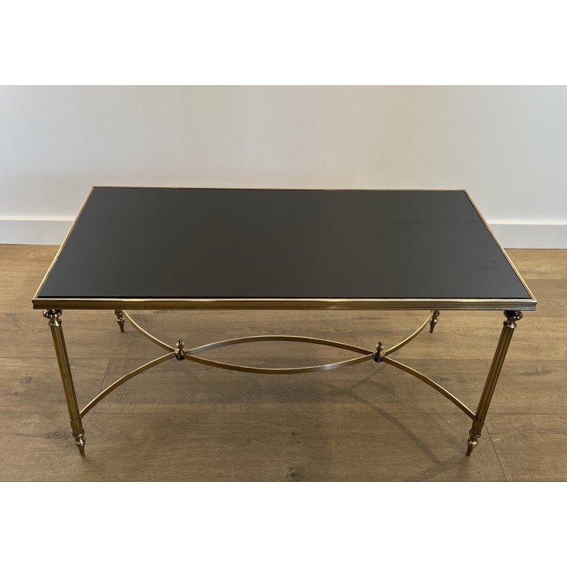 Table Basse Rectangulaire en Laiton et Plateau de Verre Laqué Noir de la Maison Jansen, Vers 1940