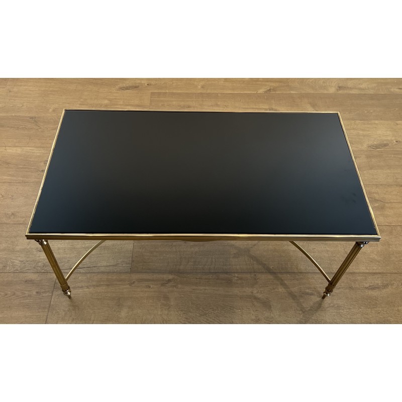 Table Basse Rectangulaire en Laiton et Plateau de Verre Laqué Noir de la Maison Jansen, Vers 1940