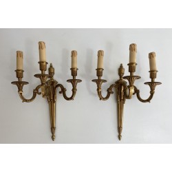 Pair of Louis XVI Style Three-Arm Bronze Wall Lights by Maison Lucien Gau, Circa 1950