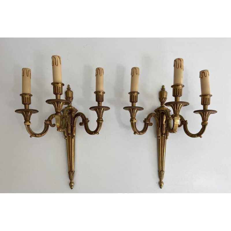 Pair of Louis XVI Style Three-Arm Bronze Wall Lights by Maison Lucien Gau, Circa 1950