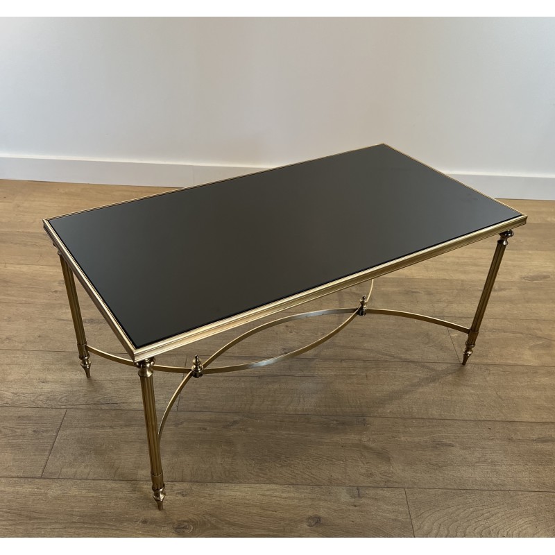 Table Basse Rectangulaire en Laiton et Plateau de Verre Laqué Noir de la Maison Jansen, Vers 1940