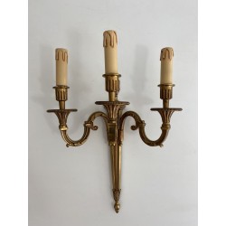 Pair of Louis XVI Style Three-Arm Bronze Wall Lights by Maison Lucien Gau, Circa 1950
