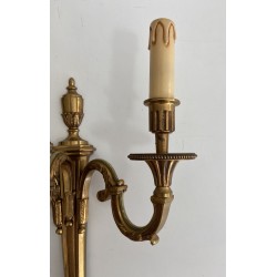 Pair of Louis XVI Style Three-Arm Bronze Wall Lights by Maison Lucien Gau, Circa 1950