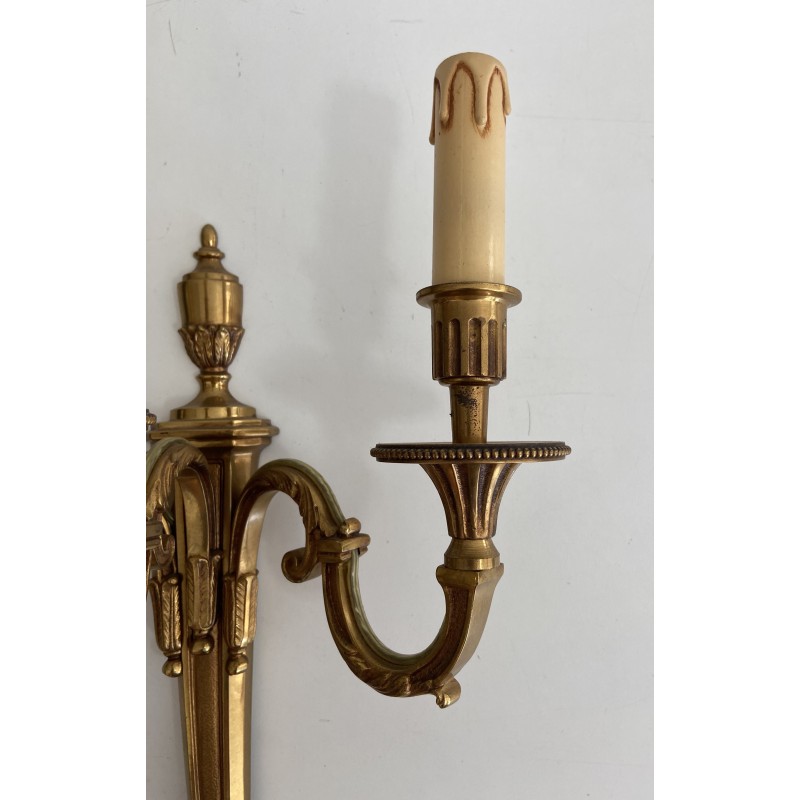 Pair of Louis XVI Style Three-Arm Bronze Wall Lights by Maison Lucien Gau, Circa 1950