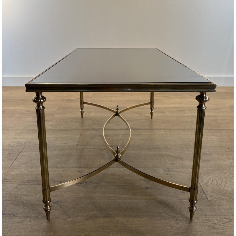 Table Basse Rectangulaire en Laiton et Plateau de Verre Laqué Noir de la Maison Jansen, Vers 1940