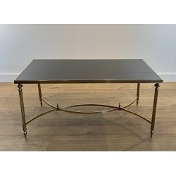 Table Basse Rectangulaire en Laiton et Plateau de Verre Laqué Noir de la Maison Jansen, Vers 1940